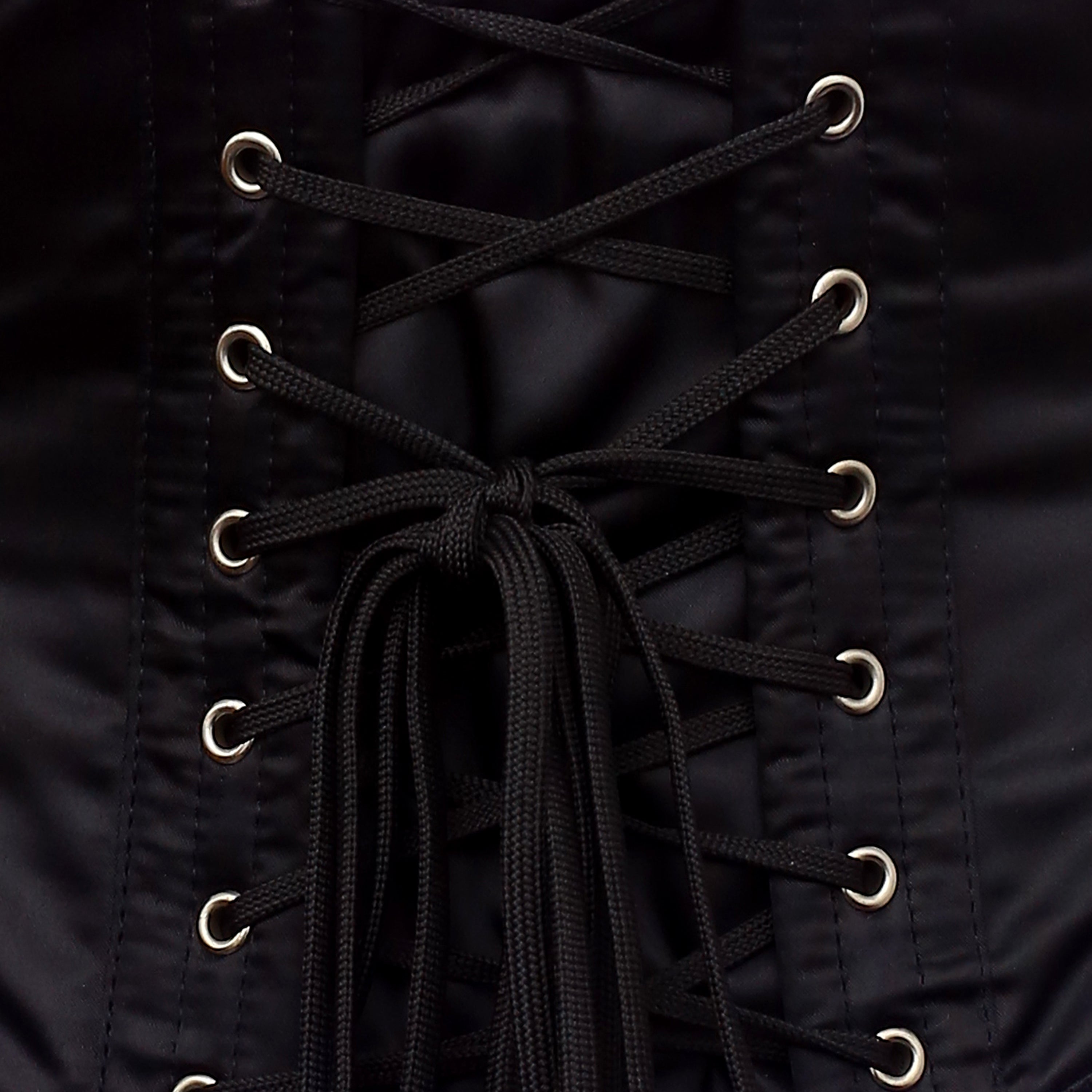 satin waspie corset black lace-up back closeup - corsets island