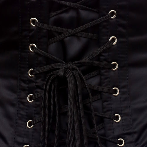 satin waspie corset black lace-up back closeup - corsets island