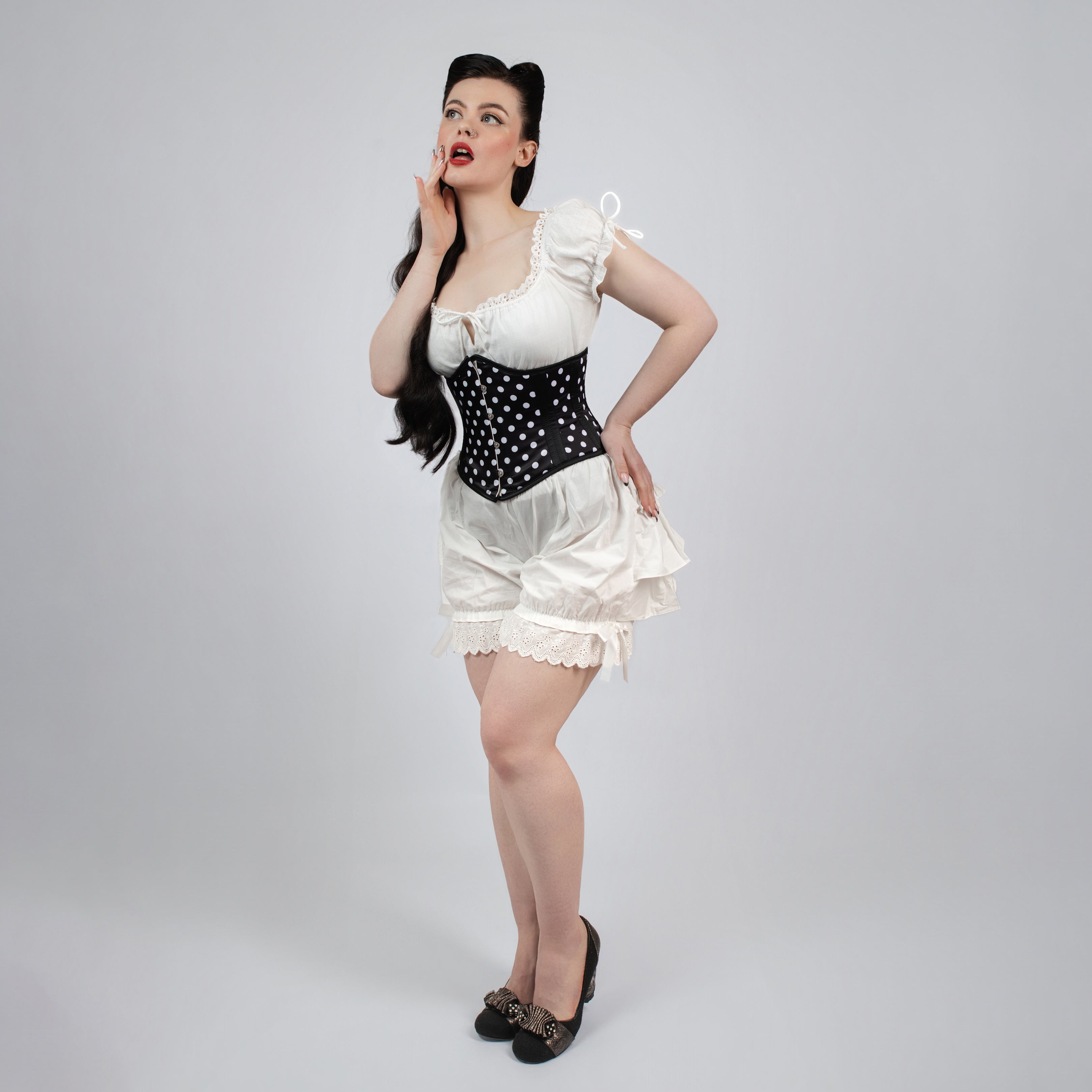 Lily - Black White Polka Dot Pin Up Steel Boned Waspie Corset