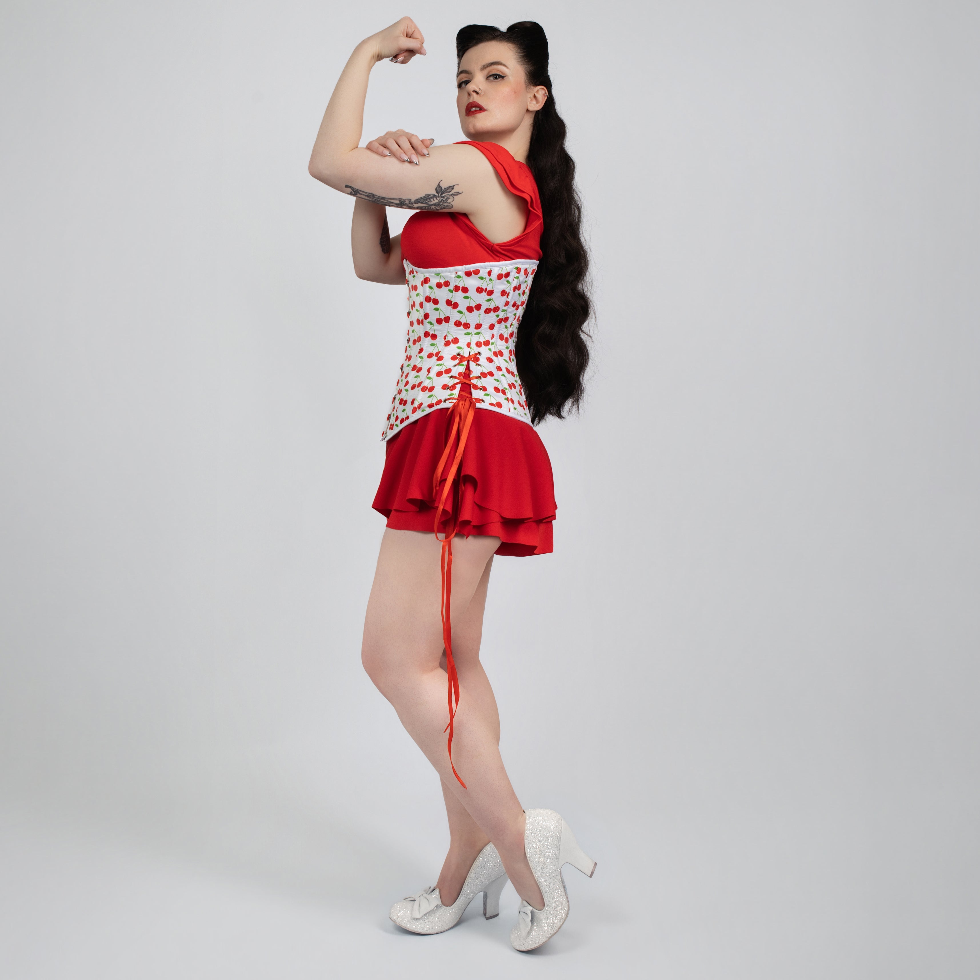 Susan - White Red Cherry Print Pin Up Corset with Adjustable Side Lacing