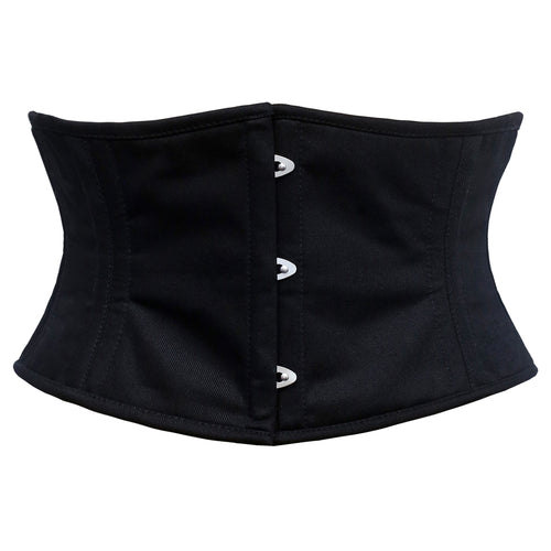 trixie black cotton waspie corset front view hook and eye closure corsets island