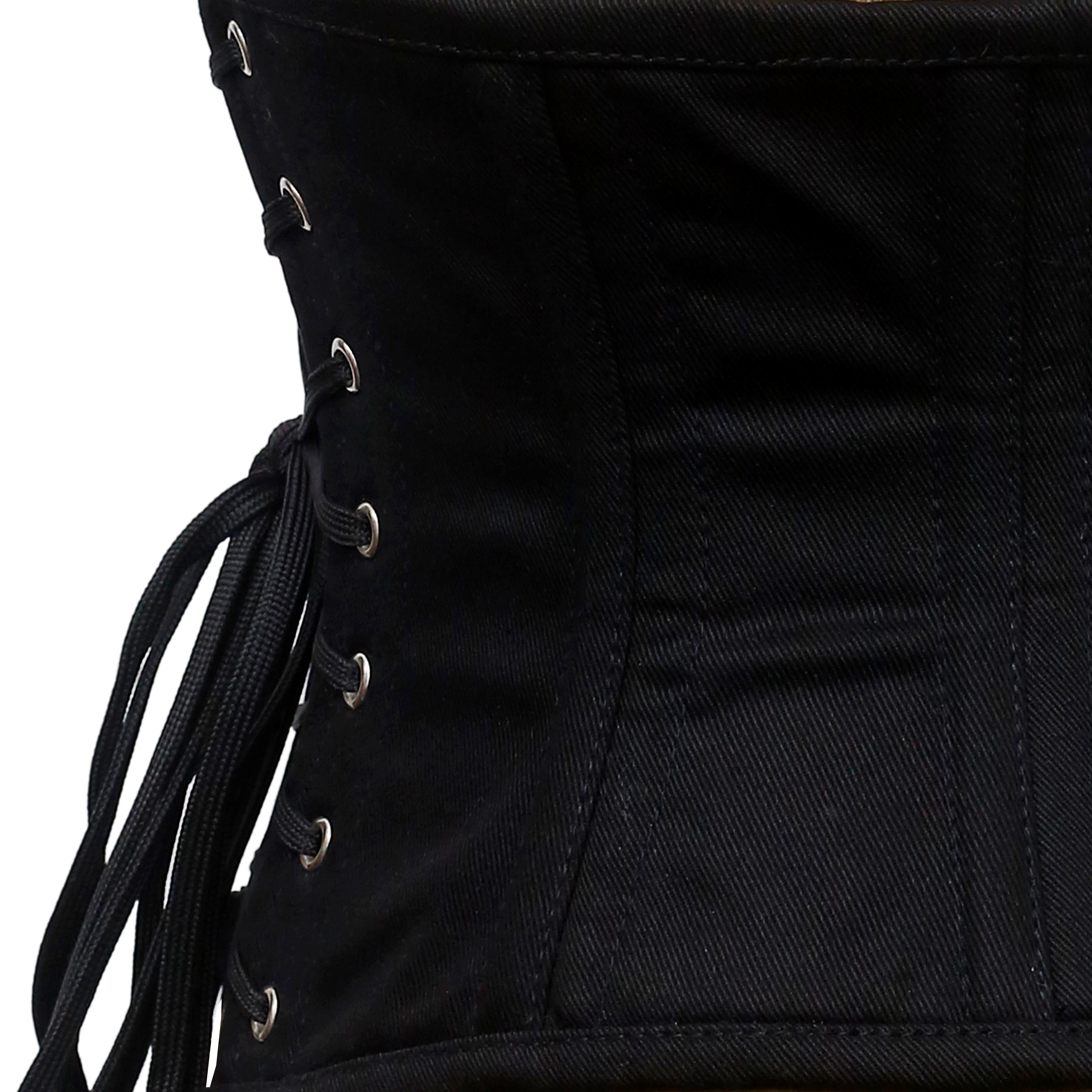 trixie black cotton waspie corset side view lace up back silver eyelets corsets island