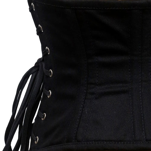 trixie black cotton waspie corset side view lace up back silver eyelets corsets island