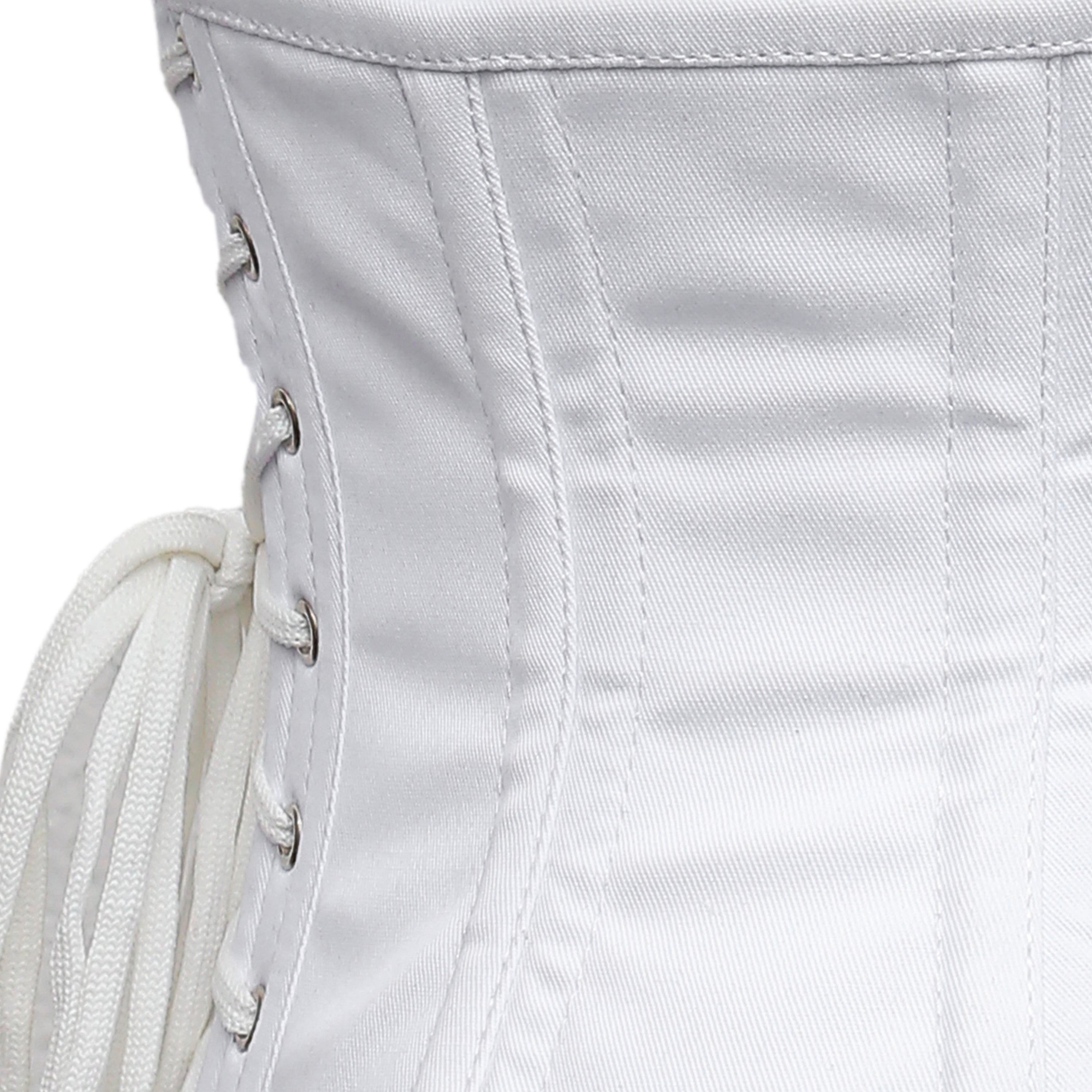 trixie white cotton waspie corset side view lace up back silver eyelets corsets island