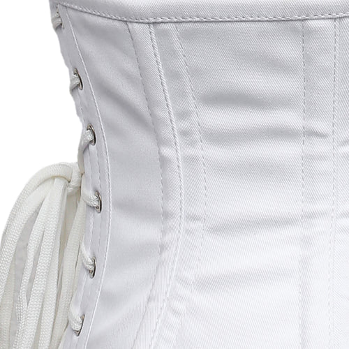 trixie white cotton waspie corset side view lace up back silver eyelets corsets island