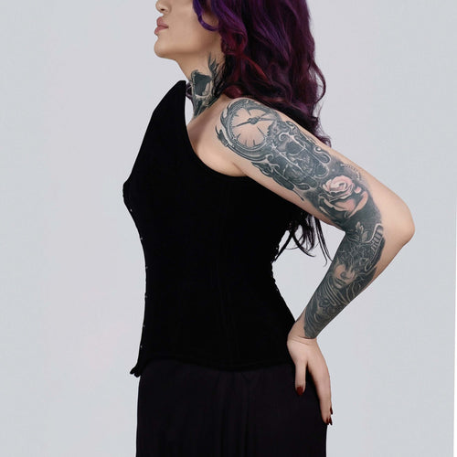 velvet overbust corset arched back side profile - corsets island