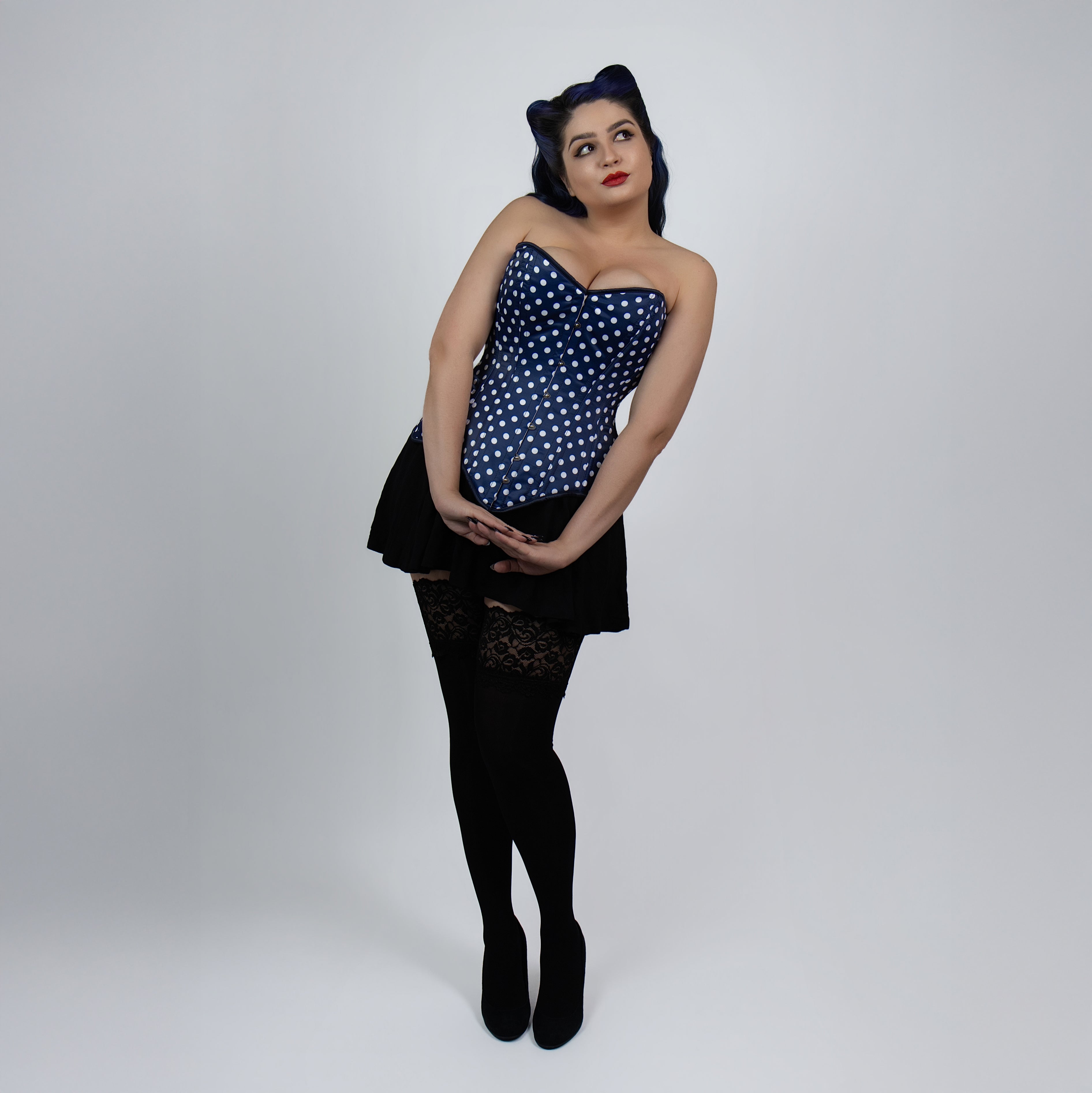 Jessica - Double Steel Boned Navy White Polka Dot Pin Up Corset