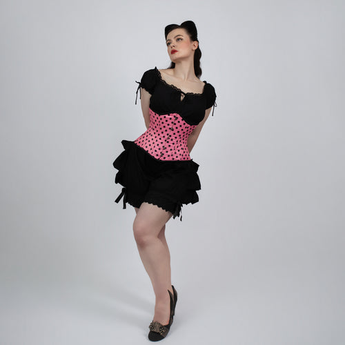 Anastasia - Black Pink Polka Dot Pin Up Waist Training Steel Boned Corset