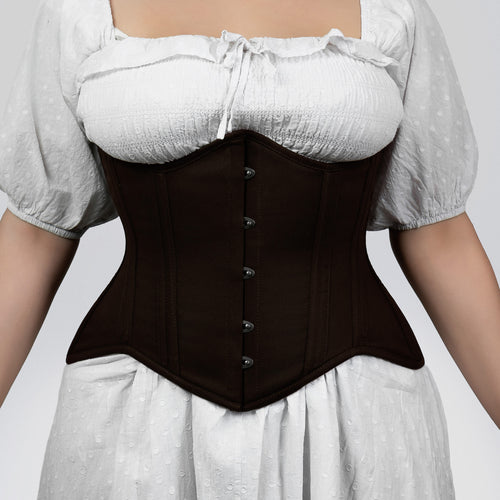 vivian brown cotton curvy underbust corset front view hook and eye vintage style corsets island