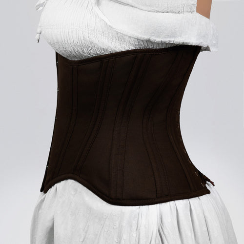 vivian brown cotton curvy underbust corset side view bone channels waist curve corsets island