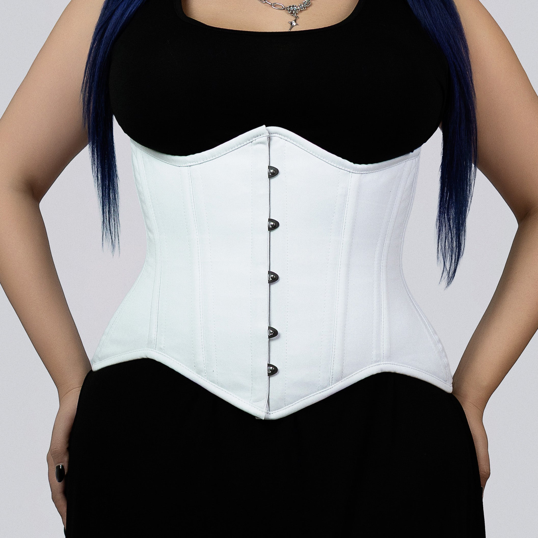 vivian white cotton curvy corset plus size front view hook and eye closure corsets island